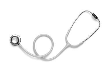 Modern stethoscope on white background, top view