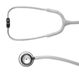 Modern stethoscope on white background, top view