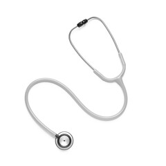 Modern stethoscope on white background, top view