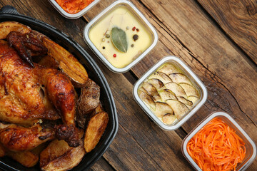 Plastic containers with different dishes on wooden table, flat lay. Food delivery service