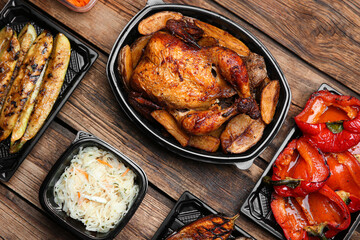 Plastic containers with different dishes on wooden table, flat lay. Food delivery service