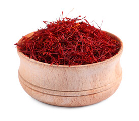 Fototapeta premium Dried saffron in wooden bowl isolated on white