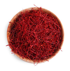 Dried saffron in wooden bowl isolated on white, top view