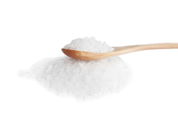 Natural salt and wooden spoon on white background