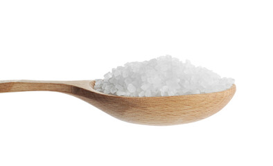 Fototapeta na wymiar Natural salt in wooden spoon on white background