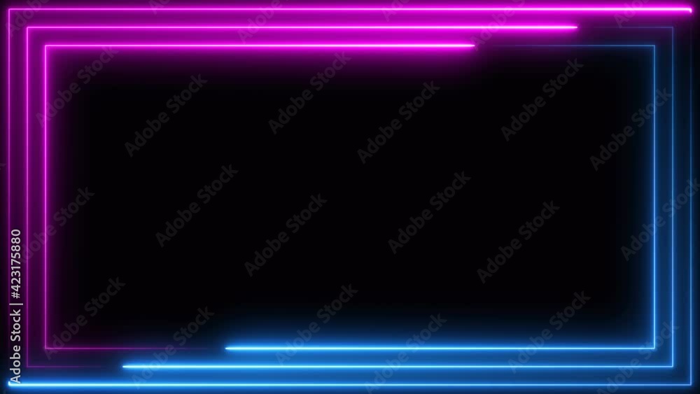 Poster blue purple pink neon frame light line running loop square black overlay, place it over your footage