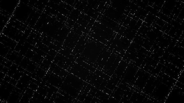 Abstract silhouettes of squares formed by flowing small segments on black background. Animation. 3D rotating surface with square shapes.