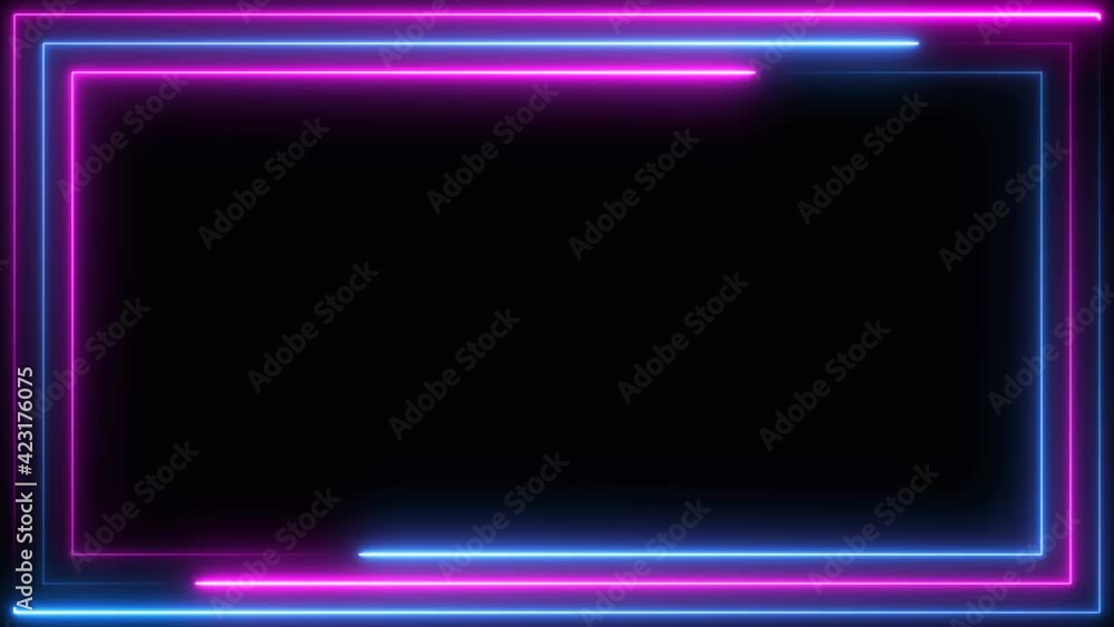 Poster blue purple pink neon frame light line running loop square black overlay, place it over your footage