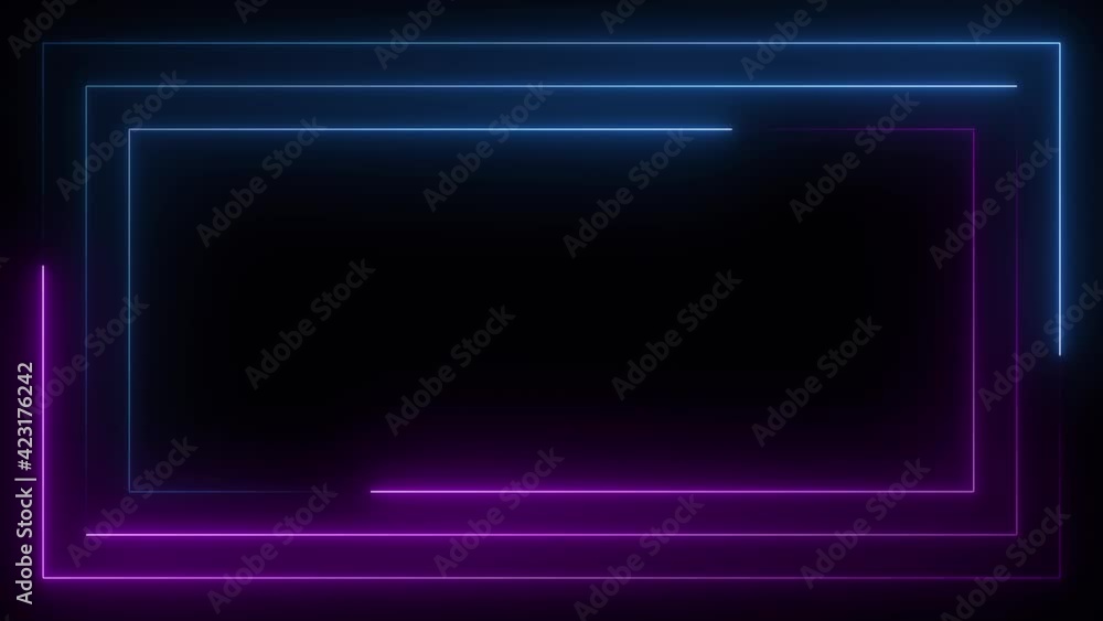 Poster blue purple pink neon frame light line running loop square black overlay, place it over your footage