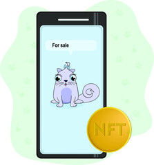 Vector illustration of a smartphone with Funny virtual kitty pet and non fungible tokens icon. NFT crypto art