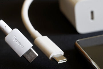 Two white usb type-c connectors next to the smartphone, white power supply and fast charger. The concept of data transmission and modern technologies. Close-up. Macro
