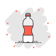 Water bottle icon in comic style. Plastic soda bottle vector cartoon illustration pictogram. Liquid water business concept splash effect.