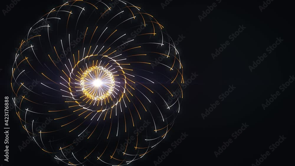 Poster abstract glowing sphere pulsating and spreading lines that flying around it. animation. shining rays