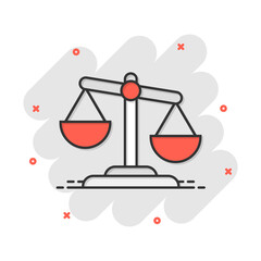 Scale comparison icon in comic style. Balance weight vector cartoon illustration pictogram. Scale compare business concept splash effect.