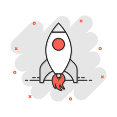 Rocket space ship icon in comic style. Spaceship vector cartoon illustration pictogram. Rocket start business concept splash effect.