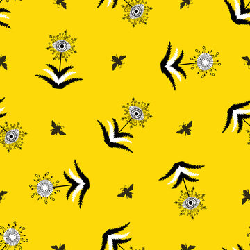 Abstract dandelion seed and honey bees seamless vector pattern background.Stylized folk art herbacious flowers and insects yellow white black backdrop.Modern hand drawn botanical all over print