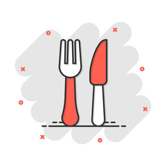 Fork and knife restaurant icon in comic style. Dinner equipment vector cartoon illustration pictogram. Restaurant business concept splash effect.