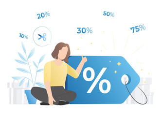 Happy girl sits with large discount coupon of different percentages, shows positive gesture of hand thumbs up class, super, approval. Woman buys goods, things in store for promotions, sales.