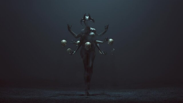 Sexy Multi-Armed Devil Woman with Floating Skulls in a foggy void 3d Illustration animation