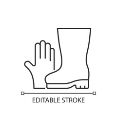 Gardening gloves and boots linear icon. Garden and yard work. Keeping hands safe. Protective wear. Thin line customizable illustration. Contour symbol. Vector isolated outline drawing. Editable stroke