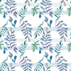 Watercolor seamless pattern of pink flowers and almond leaves.