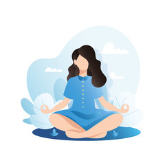 Calm woman meditates in nature in park in lotus position. Girl is an instructor of practice, relaxation techniques is engaged in yoga, stretching. Spiritual balance guru. Healthy lifestyle.