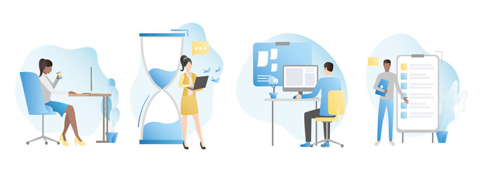 Set, collection of people in office with laptop, computer, paperwork, routine work. Manager shows plan, presentation, deadline. Employee in business suit with hourglass. Colleagues in corporation.