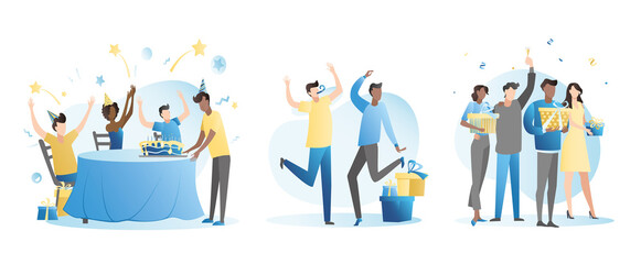 Seth, collection of cheerful, happy, joyful people in caps, jumping with pipes, dancing in confetti at holiday, party. Company gives gifts in box with bows. Birthday man blows out candles on cake.