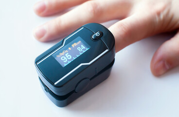 Pulse oximeter on the index finger on a white background. Blood oxygen and pulse measurements