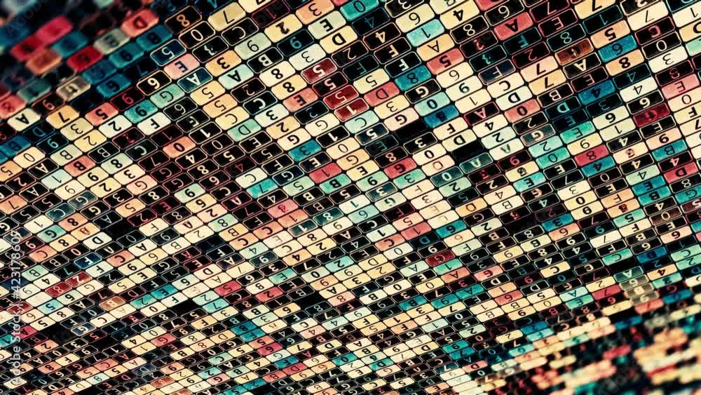 Poster colorful diagonal parallel rows of flickering and changing digital data. animation. abstract hacking
