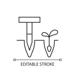 Dibbler linear icon. Pointed wooden stick. Holes, furrows creation for planting. T-handled tool. Thin line customizable illustration. Contour symbol. Vector isolated outline drawing. Editable stroke