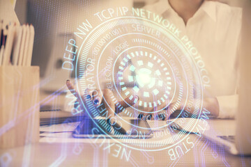 Double exposure of technology sketch hologram and woman holding and using a mobile device. Ai concept