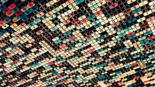 Colorful diagonal parallel rows of flickering and changing digital data. Animation. Abstract hacking program trying to crack a password, concept of internet security, seamless loop.