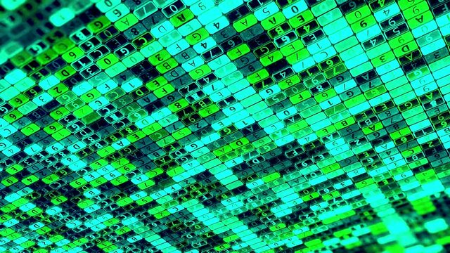 Colorful diagonal parallel rows of flickering and changing digital data. Animation. Abstract hacking program trying to crack a password, concept of internet security, seamless loop.