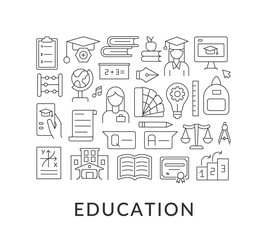 Education abstract linear concept layout with headline. Studying in university. Academic degree minimalistic idea. School class thin line graphic drawings. Isolated vector contour icons for background