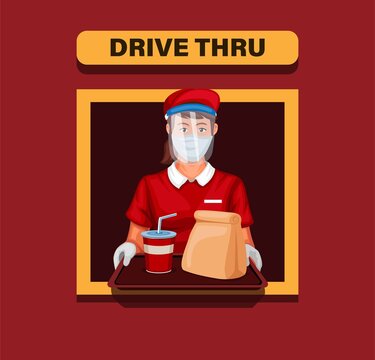 Drive Thru Girl Wearing Mask Served Order To Customer. Fast Food Restaurant In New Normal Illustration Cartoon Vector