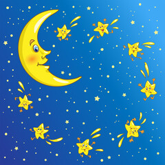 Obraz na płótnie Canvas Night sky. Golden crescent moon and funny shooting stars around it. In cartoon style. On a dark blue background. Vector illustration.