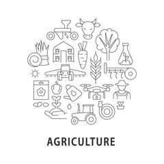 Fototapeta na wymiar Agriculture abstract linear concept layout with headline. Vegetable cultivation. Farming minimalistic idea. Growing harvest thin line graphic drawings. Isolated vector contour icons for background