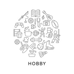 Hobby abstract linear concept layout with headline. Spending time. Pastime minimalistic idea. Recreation and entertainment thin line graphic drawings. Isolated vector contour icons for background