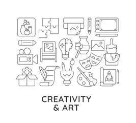 Creativity and art abstract linear concept layout with headline. Artistic skill. Inspiration minimalistic idea. Hobby activity thin line graphic drawings. Isolated vector contour icons for background