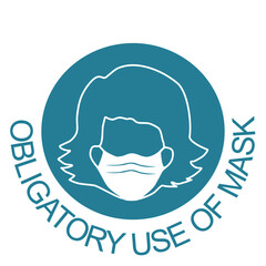 Obraz premium An attention sign said OBLIGATORY USE OF MASK under the round sign with a person who wearing a face mask. For public places such as hospitals, schools, restaurants and etc