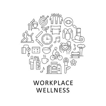 Workplace Wellness Abstract Linear Concept Layout With Headline. Health Promotion Minimalistic Idea. Employee Wellbeing Thin Line Graphic Drawings. Isolated Vector Contour Icons For Background
