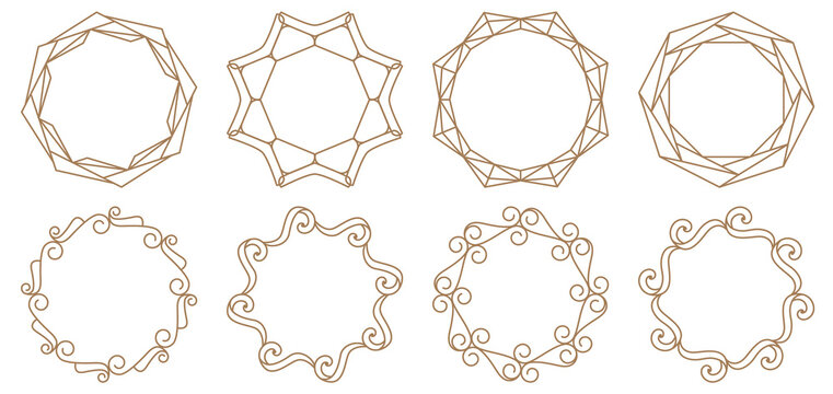 Set of decorative frames. Geometric ornaments. Circle pattern. Round borders made of lines and decorative elements. Design background for invitations and holiday cards.