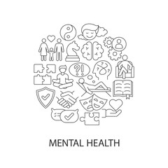 Mental health abstract linear concept layout with headline. Healthy mind. Personal healthcare minimalistic idea. Counseling thin line graphic drawings. Isolated vector contour icons for background
