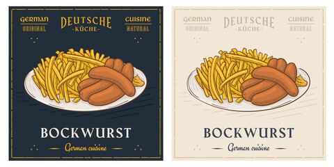 Bockwurst German traditional Hot Dog sausage with french fries