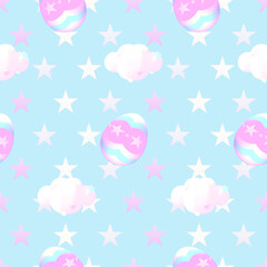 Seamless pattern cartoon Easter eggs and clouds. Kids playroom wallpaper. 3d render picture.