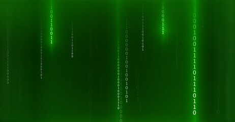 Matrix green background with binary numbers. Digital data code. Data network concept. Abstract technology banner. Vector illustration.