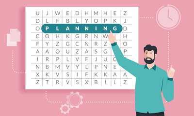 Man planning the timing of the project, taking into account various factors. Effective management as a decisive factor for the successful launch of startups