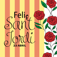 Sant Jordi traditional festival of Catalonia Spain. Roses and flag of catalonia