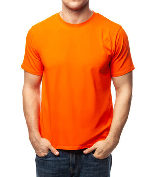 Blank orange tshirt on young man template isolated on white